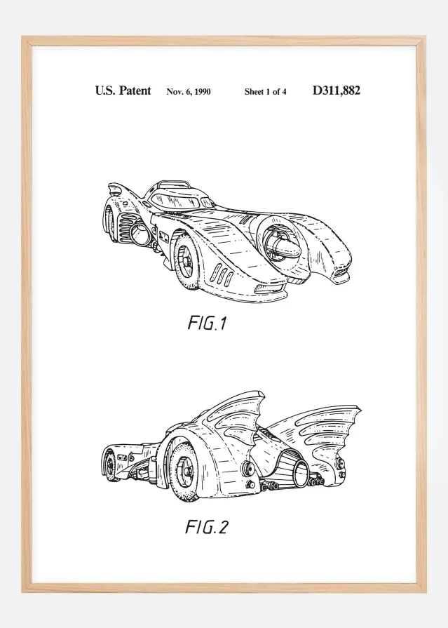 Σχέδιο διπλώματος ευρεσιτεχνίας - Batman - Batmobile 1990 σε Αφίσα