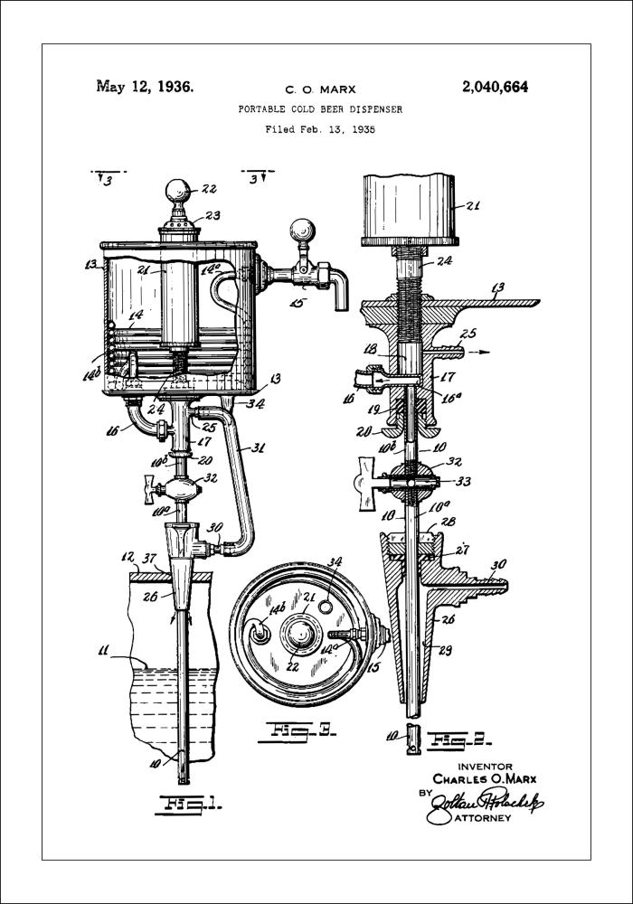 Patent Print - Portable Cold Beer Dispenser - White Αφίσα