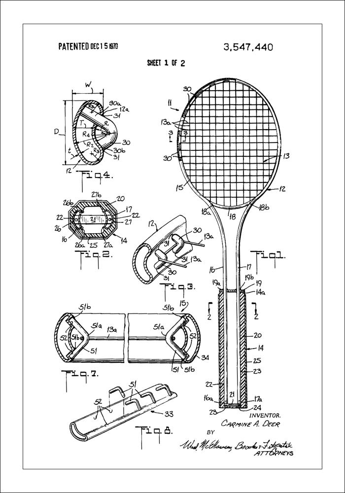 Patent Print - Tennis Racket - White Αφίσα