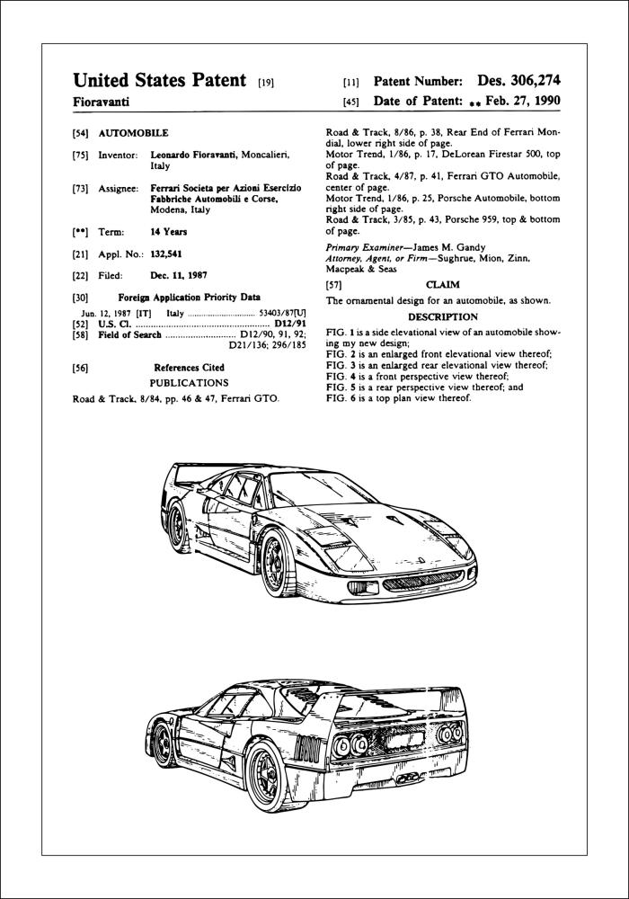 Σχέδιο διπλώματος ευρεσιτεχνίας - Ferrari F40 σε Αφίσα