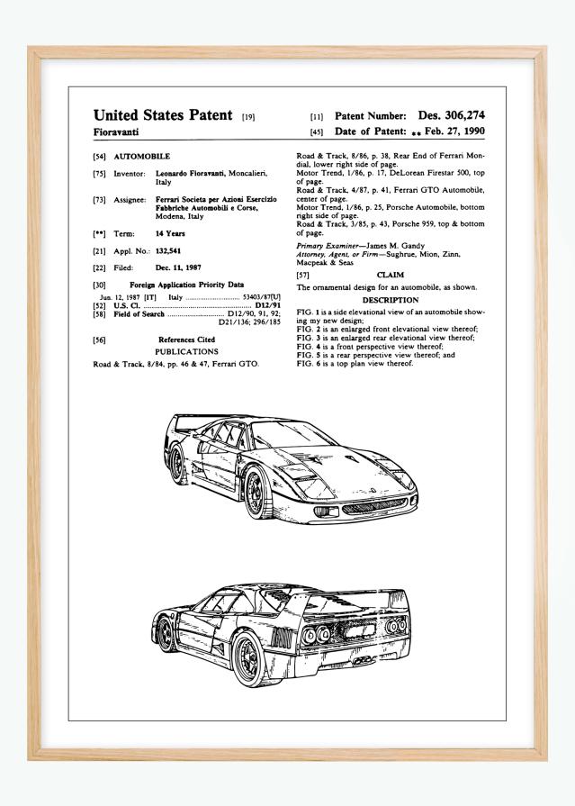 Σχέδιο διπλώματος ευρεσιτεχνίας - Ferrari F40 σε Αφίσα