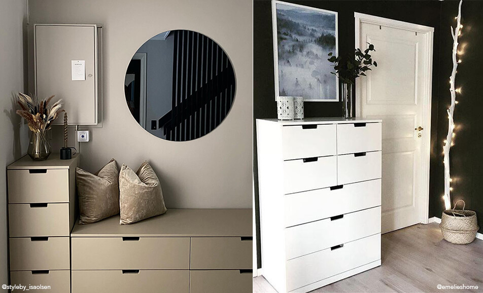 Διακόσμηση εισόδου - παγκάκι με αποθήκευση και λευκή συρταριέρα